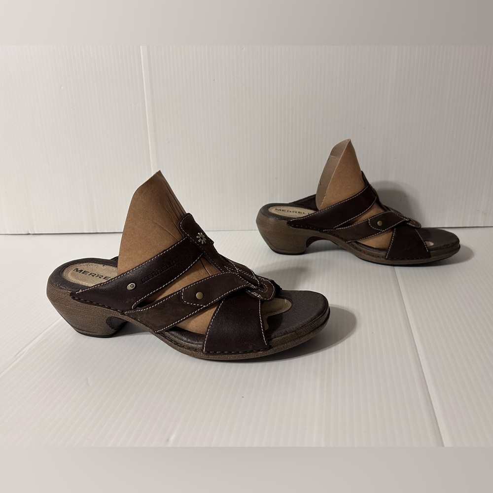 MERRELL J89396 coffee leather slide sandals womens size 8